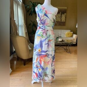 Lara G (Guidotti) One Shoulder Floral Maxi Dress Tropical Print Silk Blend Med